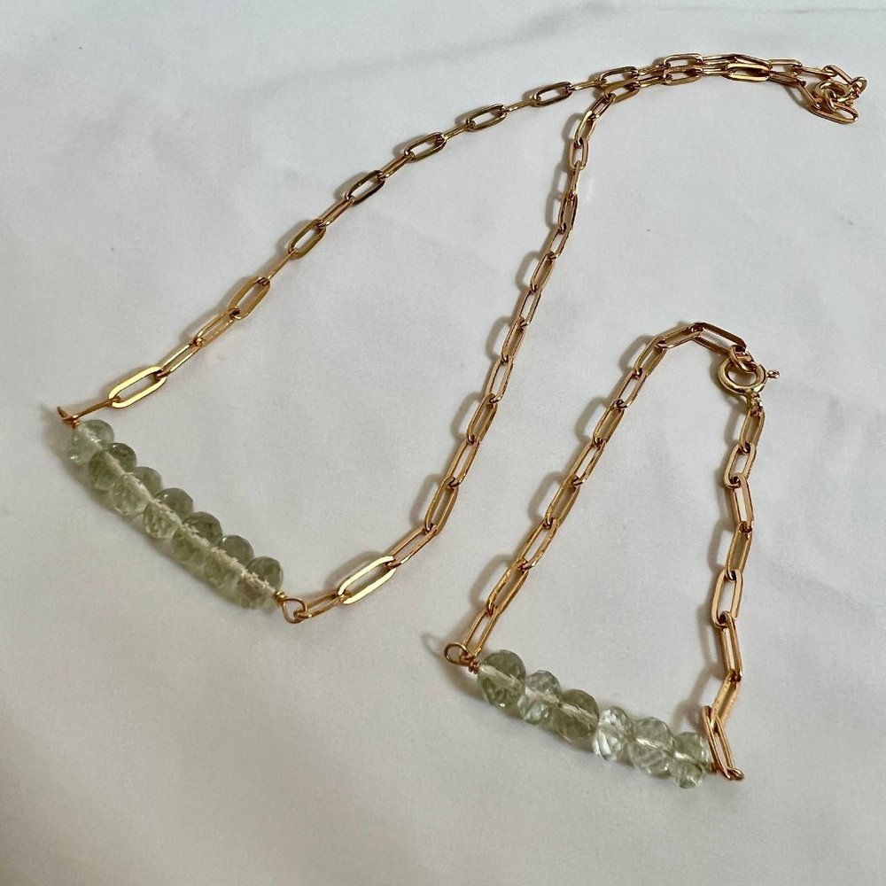 Faceted Green Crystal Prasiolite Stone GF Paper Clip Style Chain Necklace Set